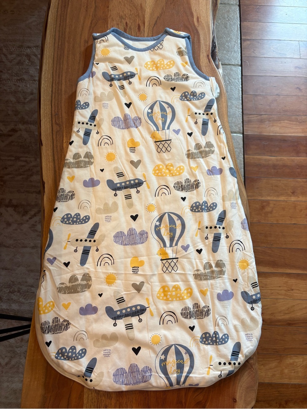 Unisex Sleep Sack in White with Yellow & Blue Airplane Pattern 100% cotton